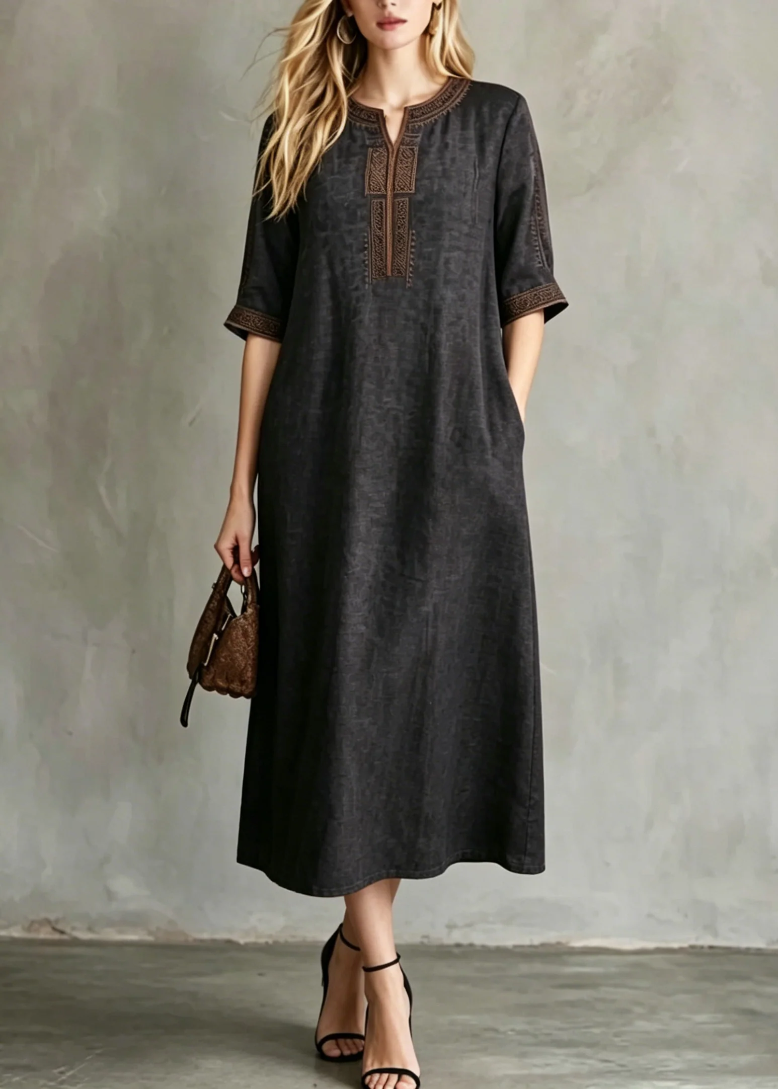 Women Black Embroidered Button Silk Maxi Dresses Summer - Image 5