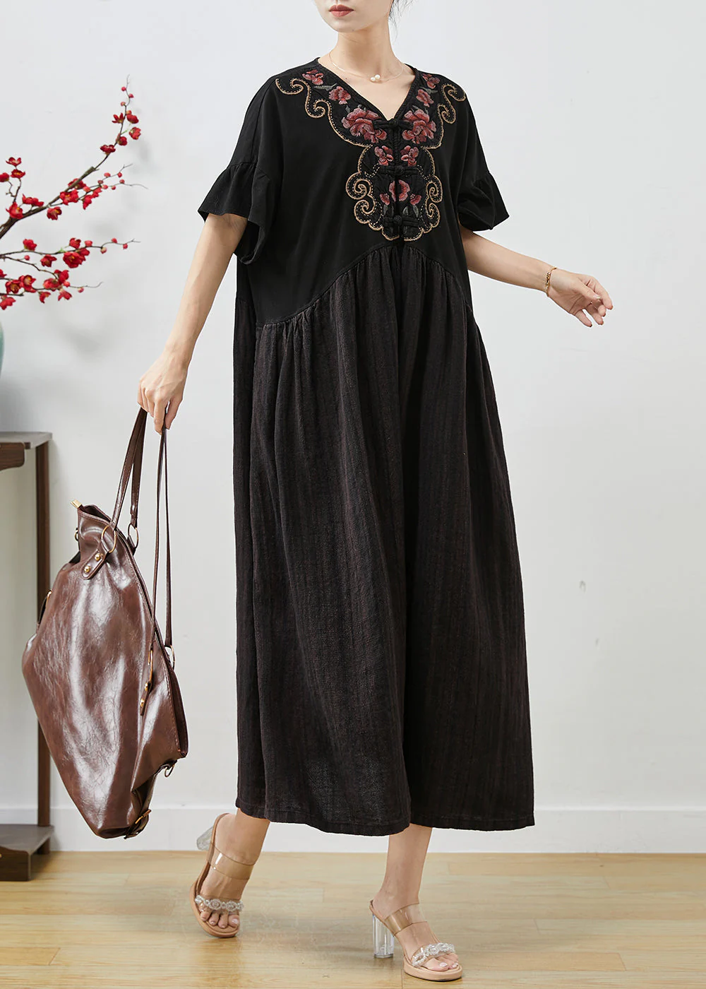 Women Black Embroidered Patchwork Cotton Long Dress Summer - Image 3