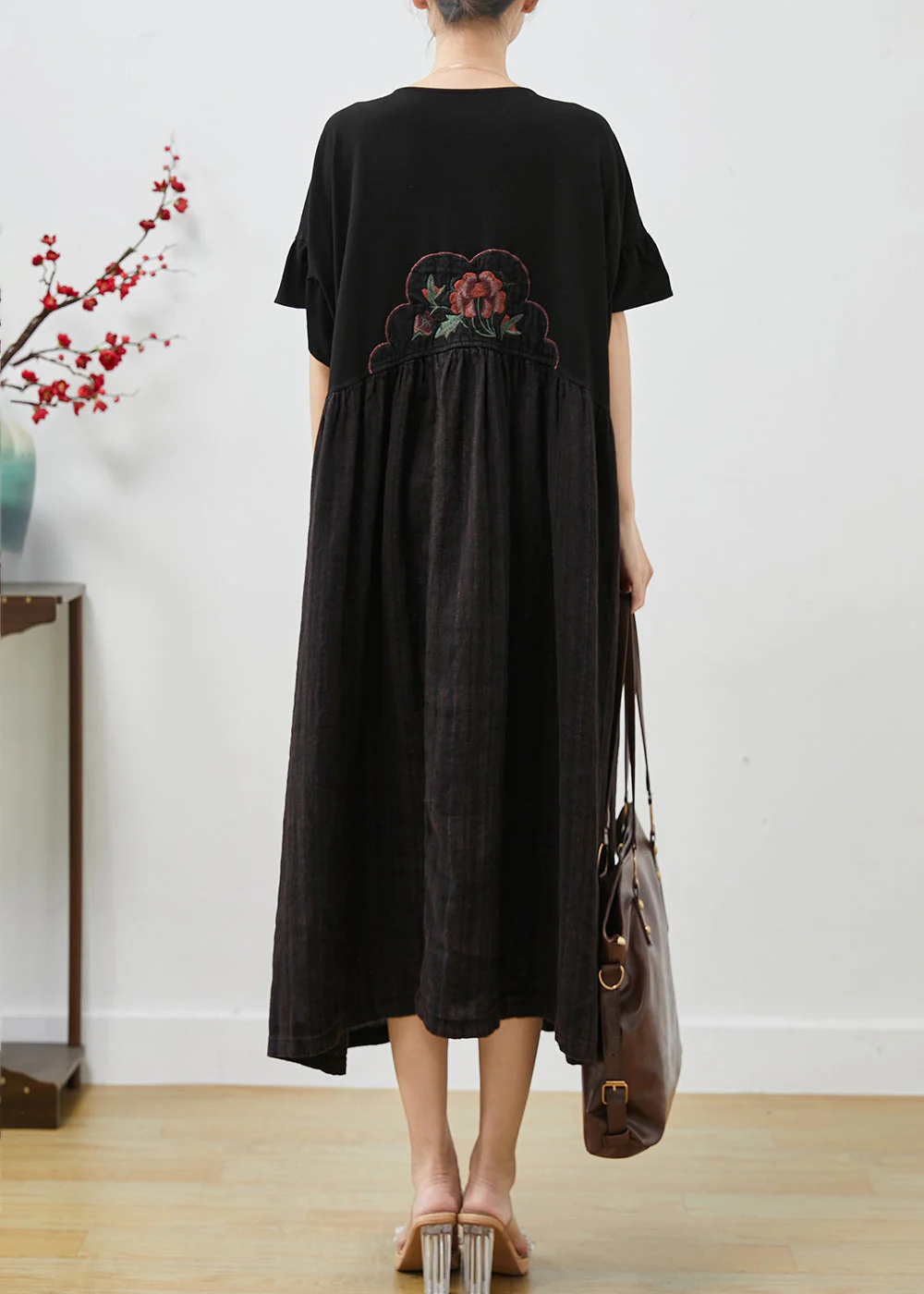 Women Black Embroidered Patchwork Cotton Long Dress Summer - Image 4