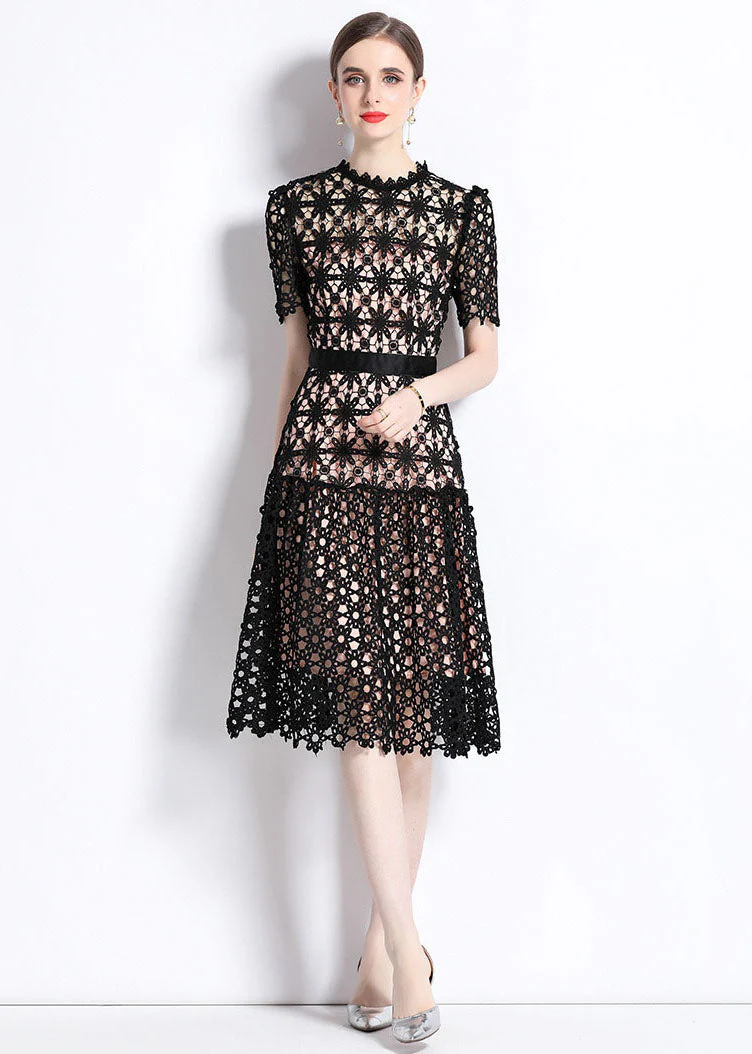 Women Black Embroideried Hollow Out Patchwork Lace Dress Summer - Image 2