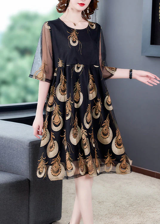 Women Black Embroideried Tulle Patchwork Wrinkled Chiffon Dress Half Sleeve - Image 2
