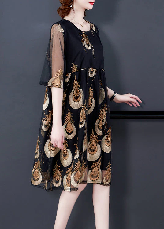 Women Black Embroideried Tulle Patchwork Wrinkled Chiffon Dress Half Sleeve - Image 4