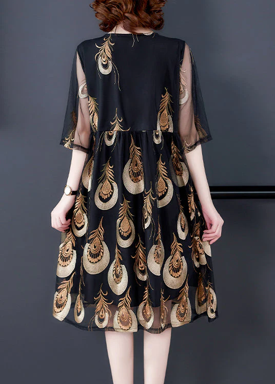Women Black Embroideried Tulle Patchwork Wrinkled Chiffon Dress Half Sleeve - Image 5