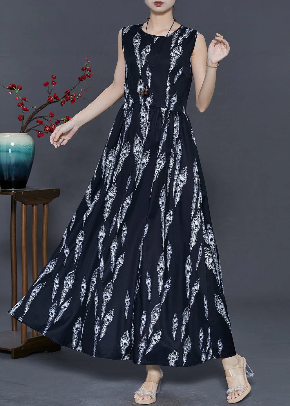 Women Black Feather Print Chiffon Holiday Dress Summer - Image 2
