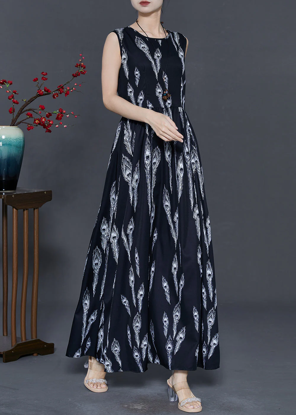 Women Black Feather Print Chiffon Holiday Dress Summer - Image 3