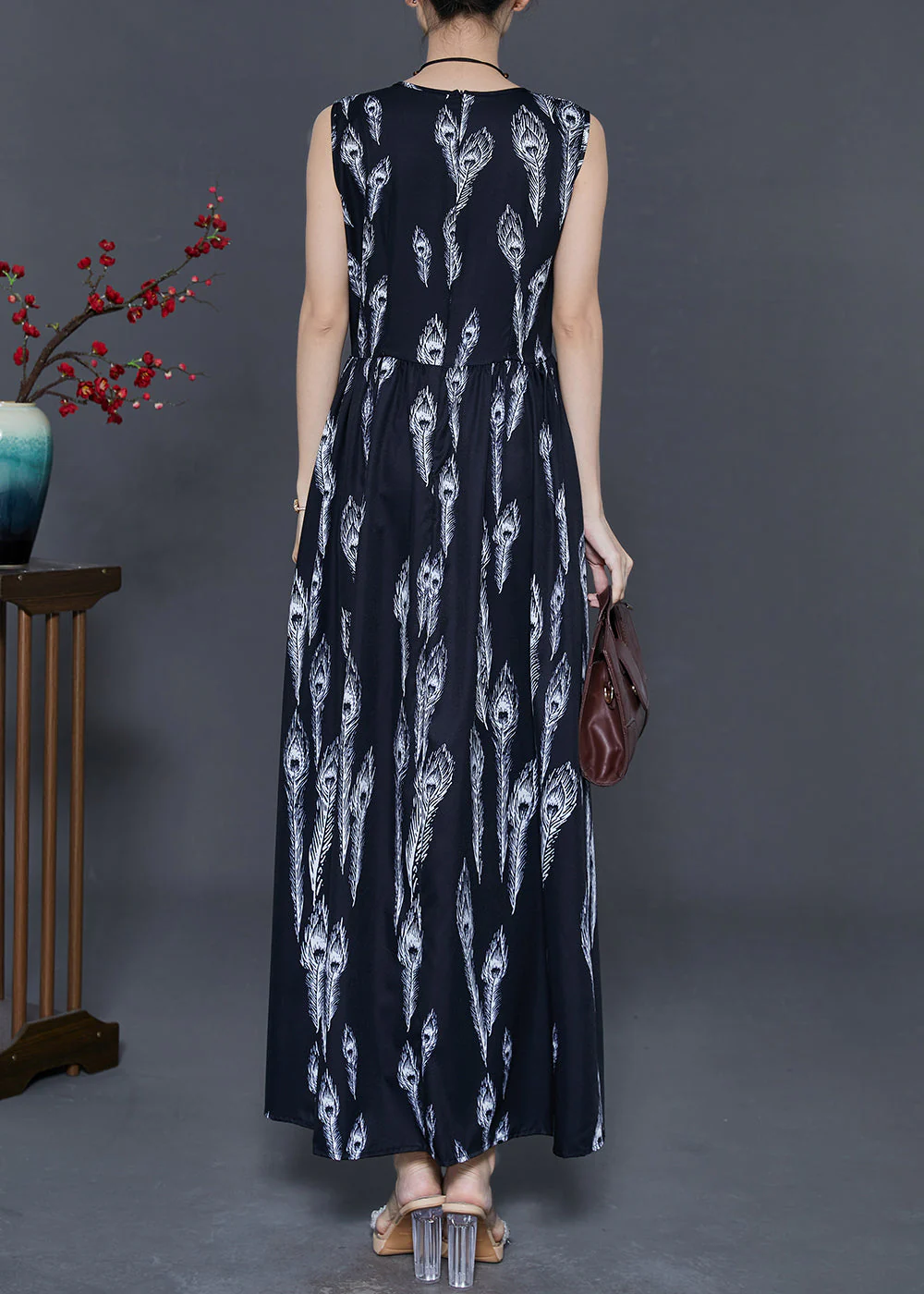 Women Black Feather Print Chiffon Holiday Dress Summer - Image 4