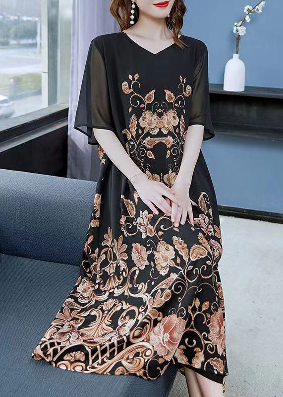 Women Black Gold V Neck Print Patchwork Chiffon Dress Summer - Image 2