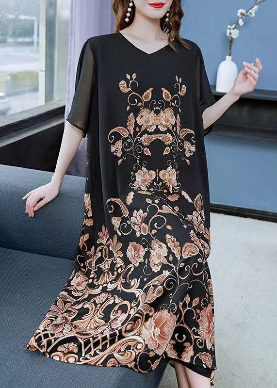 Women Black Gold V Neck Print Patchwork Chiffon Dress Summer - Image 3