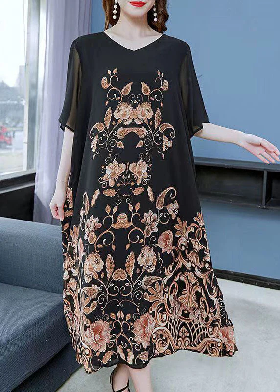 Women Black Gold V Neck Print Patchwork Chiffon Dress Summer - Image 4