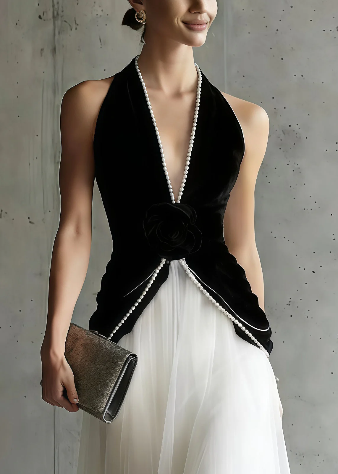 Women Black Halter Patchwork Tulle Flower Decorated Dinner Dress Sleeveless - Image 2