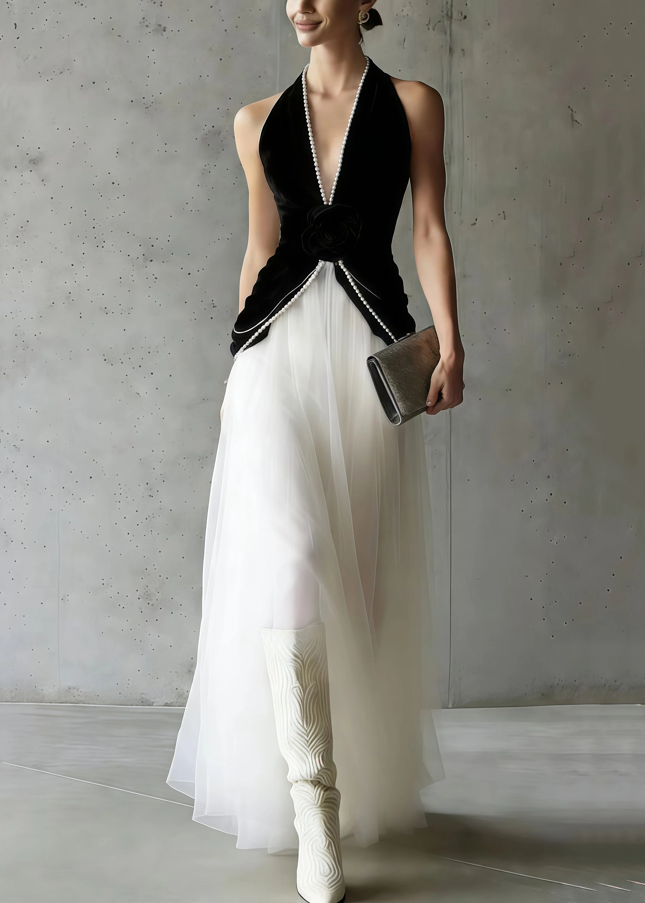 Women Black Halter Patchwork Tulle Flower Decorated Dinner Dress Sleeveless - Image 3