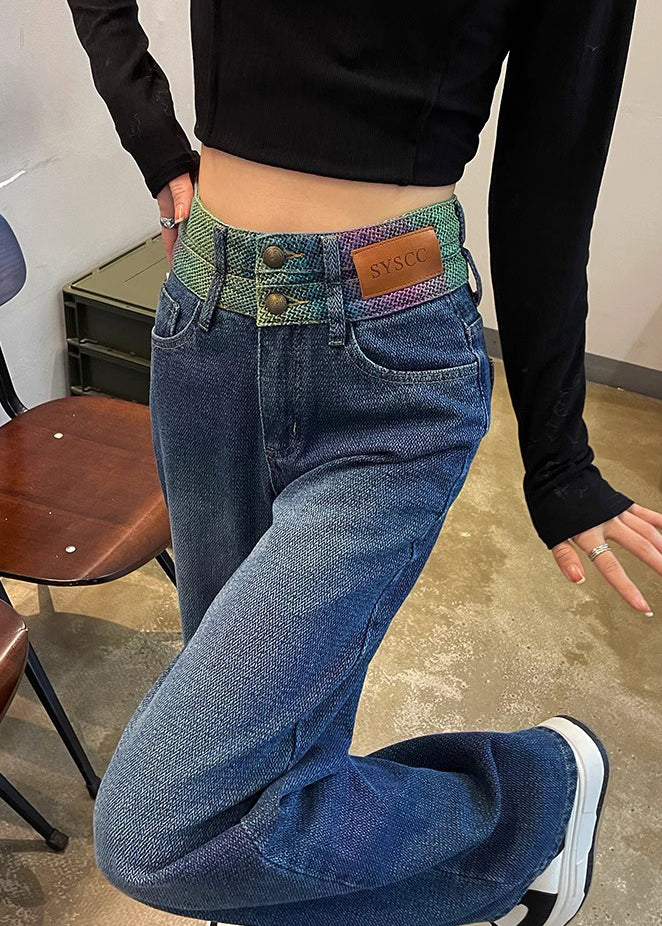 Women Black High Waist Patchwork Denim Straight Pants Spring - Image 3