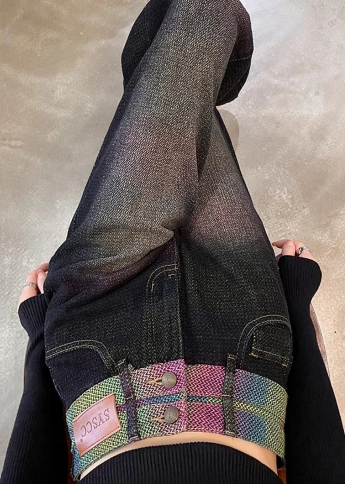 Women Black High Waist Patchwork Denim Straight Pants Spring - Image 4
