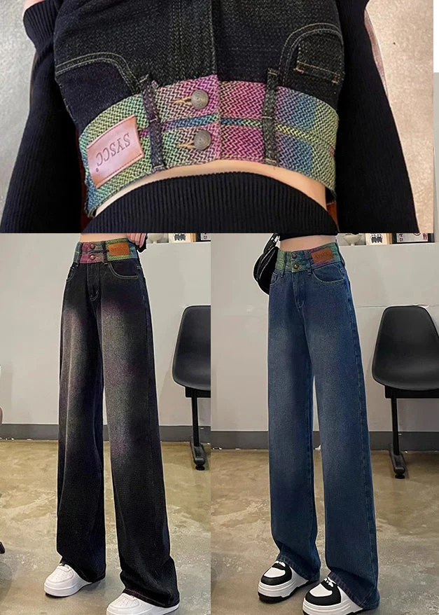 Women Black High Waist Patchwork Denim Straight Pants Spring - Image 5