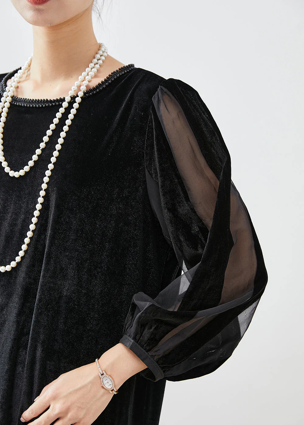 Women Black Hollow Out Patchwork Silk Velour Maxi Dresses Bracelet Sleeve - Image 2