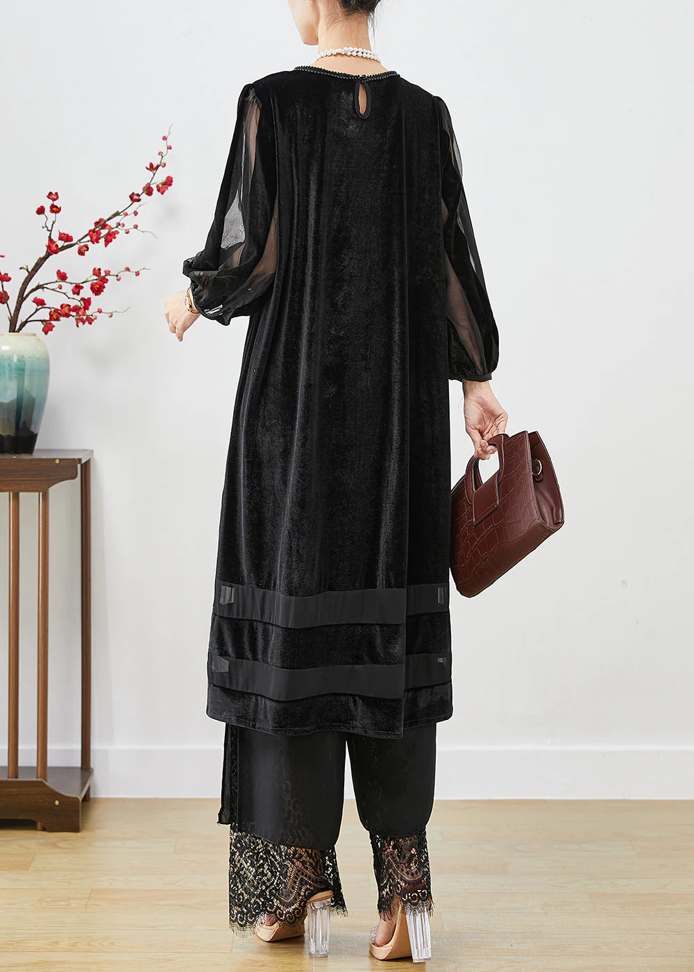Women Black Hollow Out Patchwork Silk Velour Maxi Dresses Bracelet Sleeve - Image 3