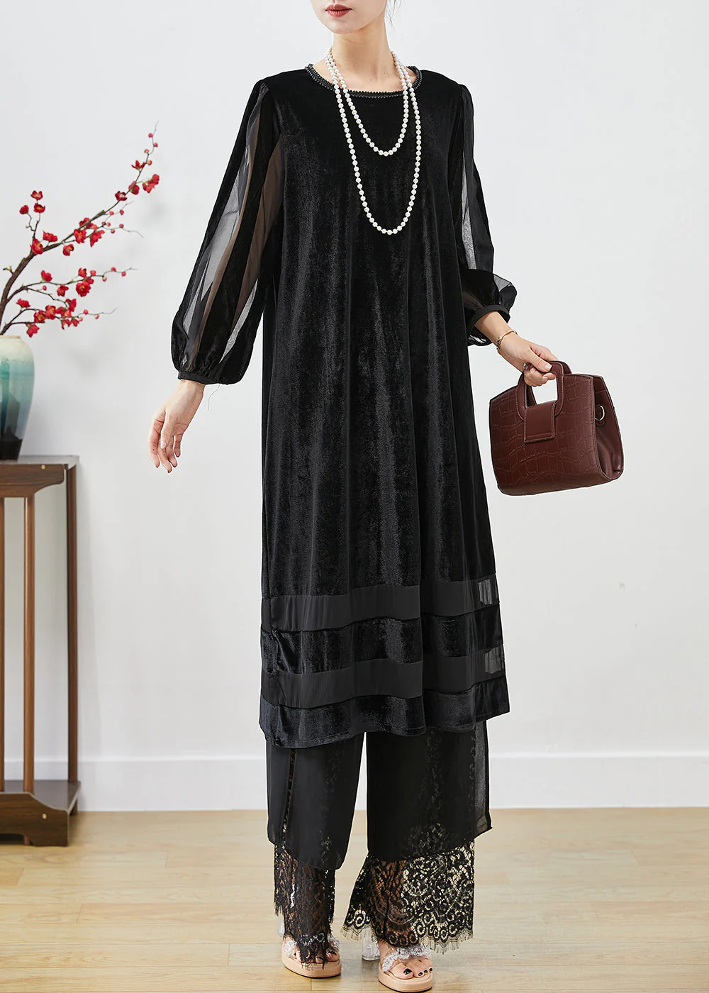 Women Black Hollow Out Patchwork Silk Velour Maxi Dresses Bracelet Sleeve - Image 4