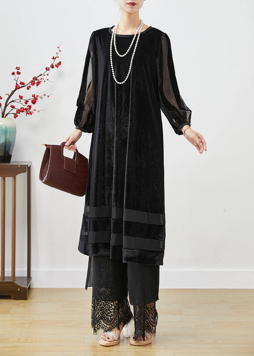Women Black Hollow Out Patchwork Silk Velour Maxi Dresses Bracelet Sleeve - Image 5