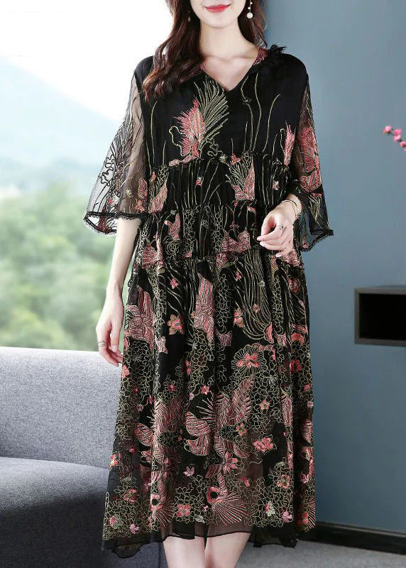 Women Black Hooded Embroideried Silk A Line Dress Summer - Image 2