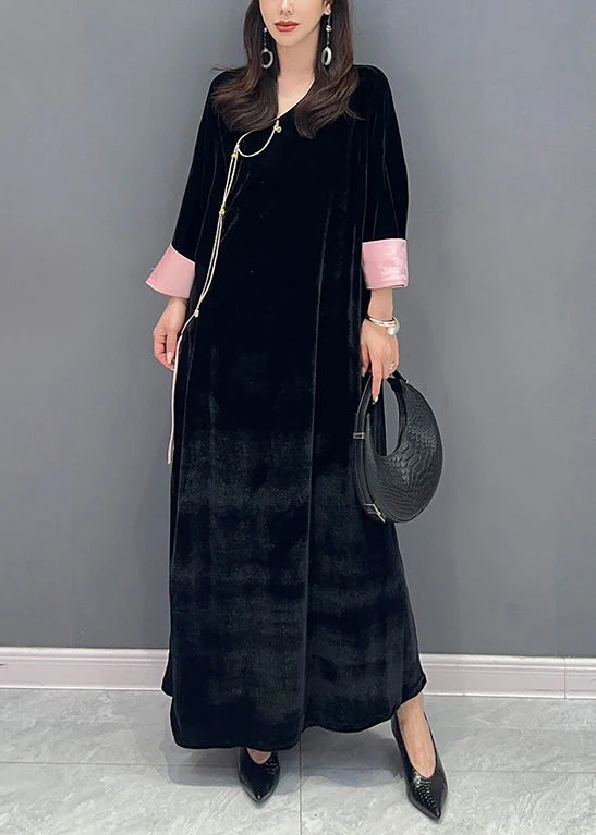 Women Black Lace Up Side Open Patchwork Velour Long Dress Fall - Image 2