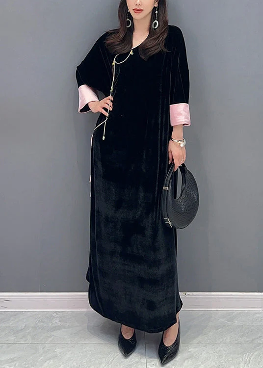 Women Black Lace Up Side Open Patchwork Velour Long Dress Fall - Image 3