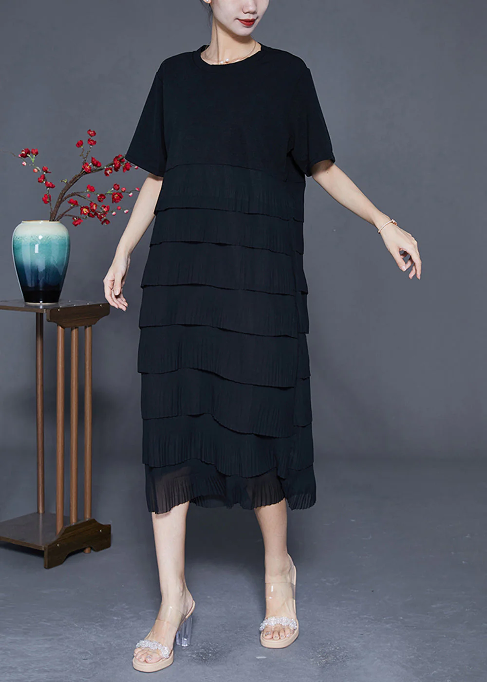 Women Black Layered Ruffles Wrinkled Chiffon Long Dress Summer - Image 2