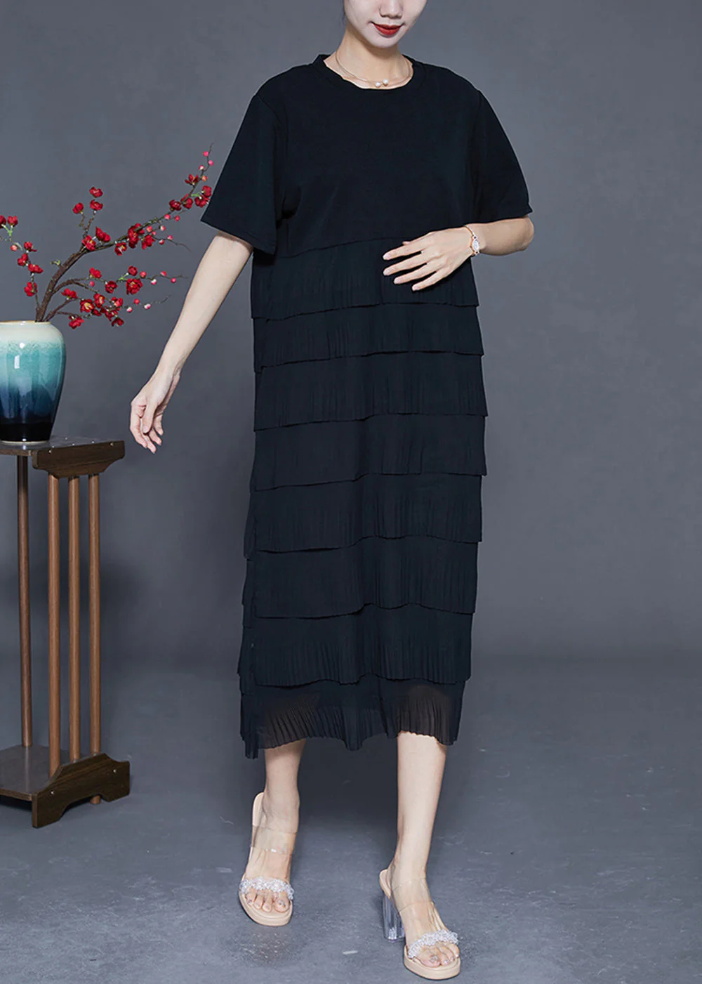 Women Black Layered Ruffles Wrinkled Chiffon Long Dress Summer - Image 3