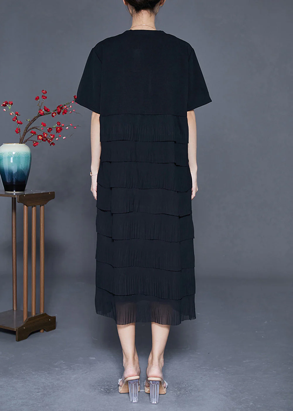 Women Black Layered Ruffles Wrinkled Chiffon Long Dress Summer - Image 4