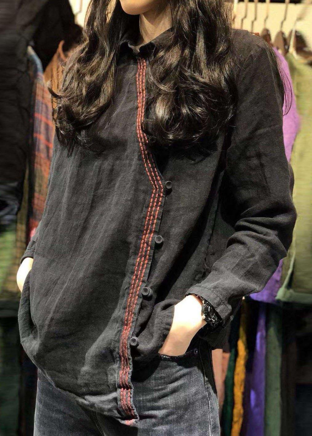 Women black linen tunics for women long sleeve Dresses fall shirt - Image 3