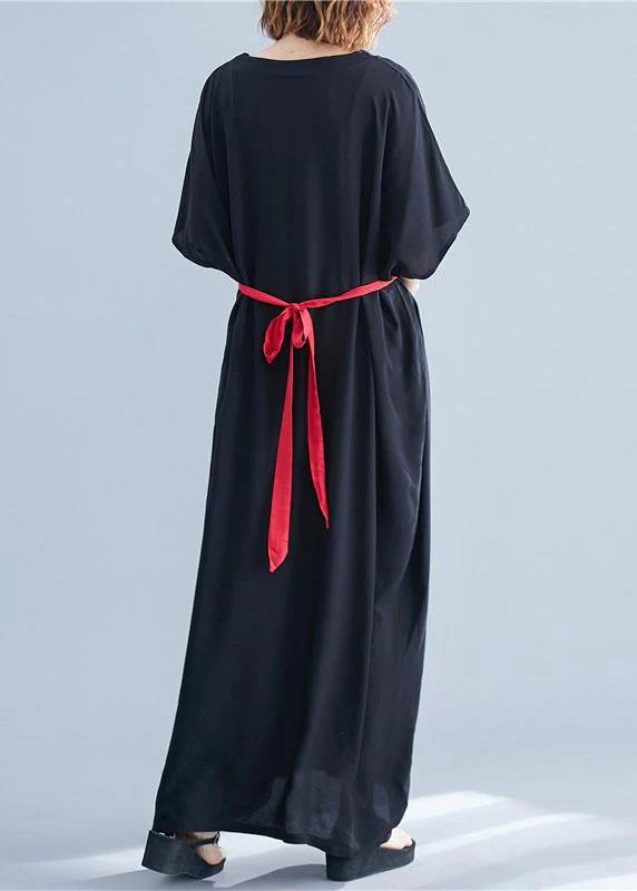 Women Black Loose V Neck Bat Wing Sleeve Summer Vacation Dress - Image 4