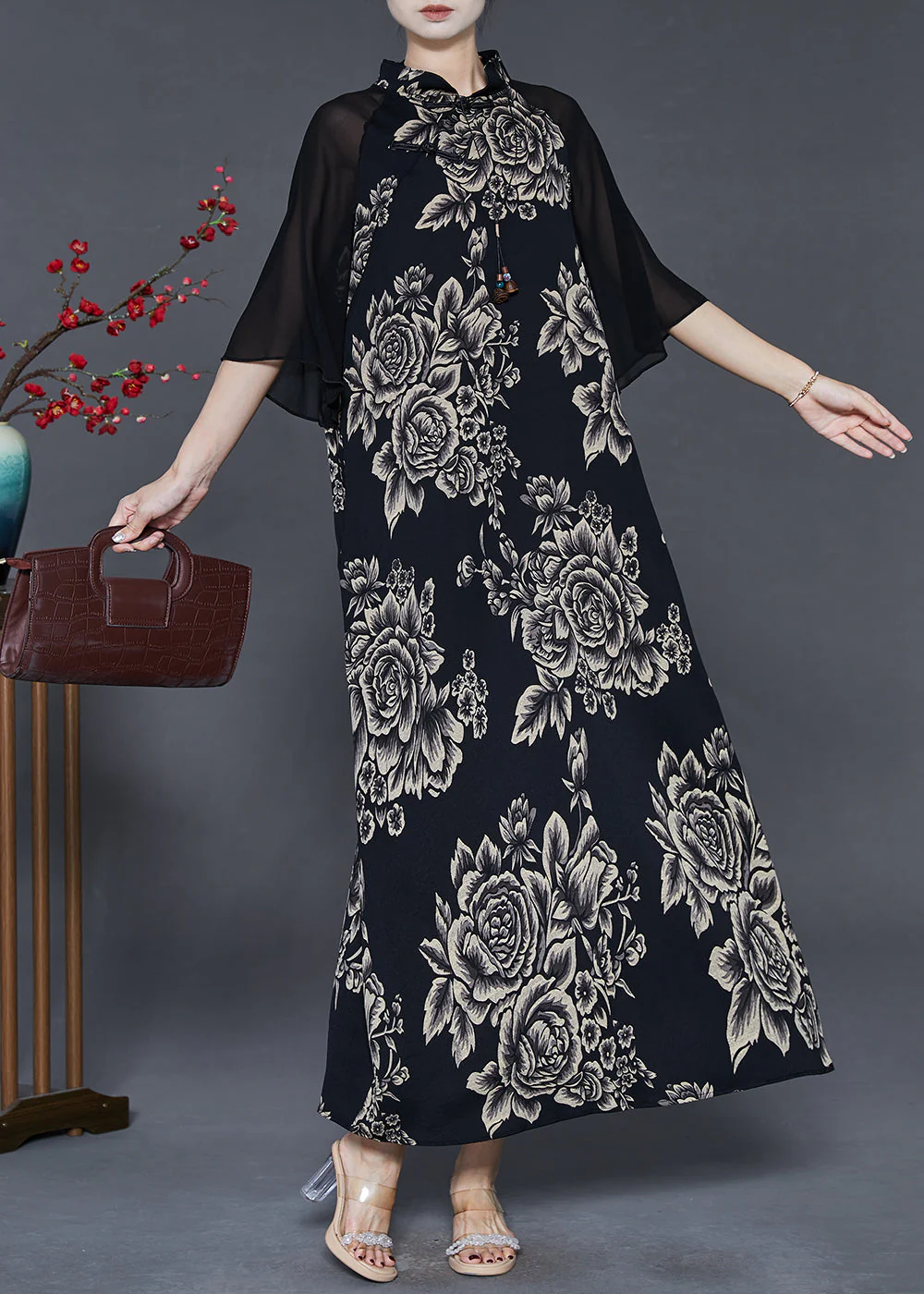 Women Black Mandarin Collar Patchwork Print Chiffon Long Dresses Summer - Image 3
