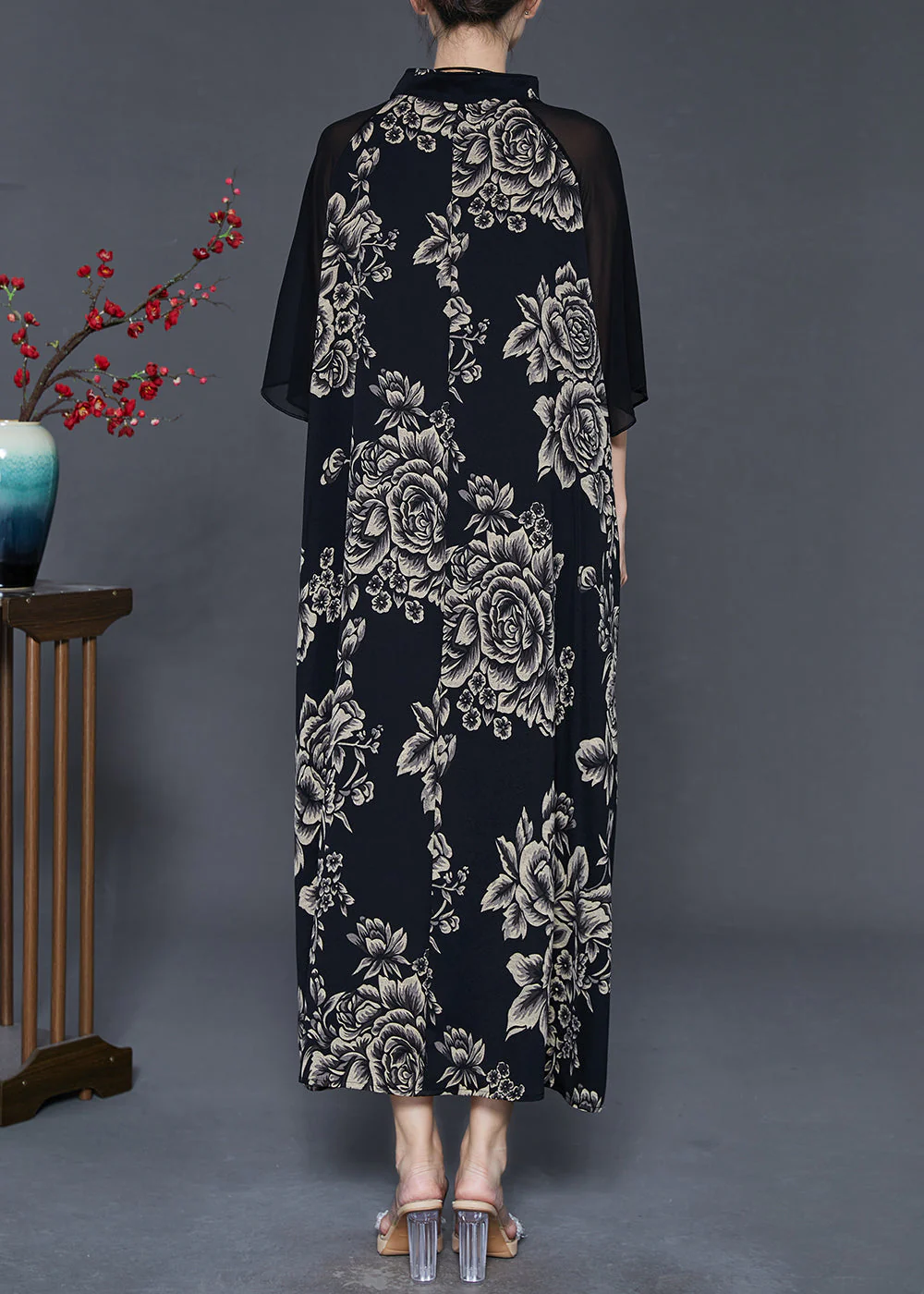 Women Black Mandarin Collar Patchwork Print Chiffon Long Dresses Summer - Image 4