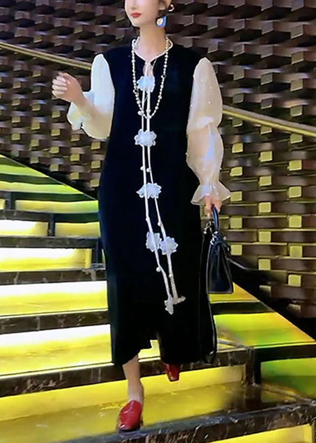 Women Black Nail Bead Patchwork Silk Velour Dresses Puff Sleeve - Image 2