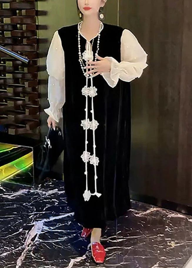 Women Black Nail Bead Patchwork Silk Velour Dresses Puff Sleeve - Image 3