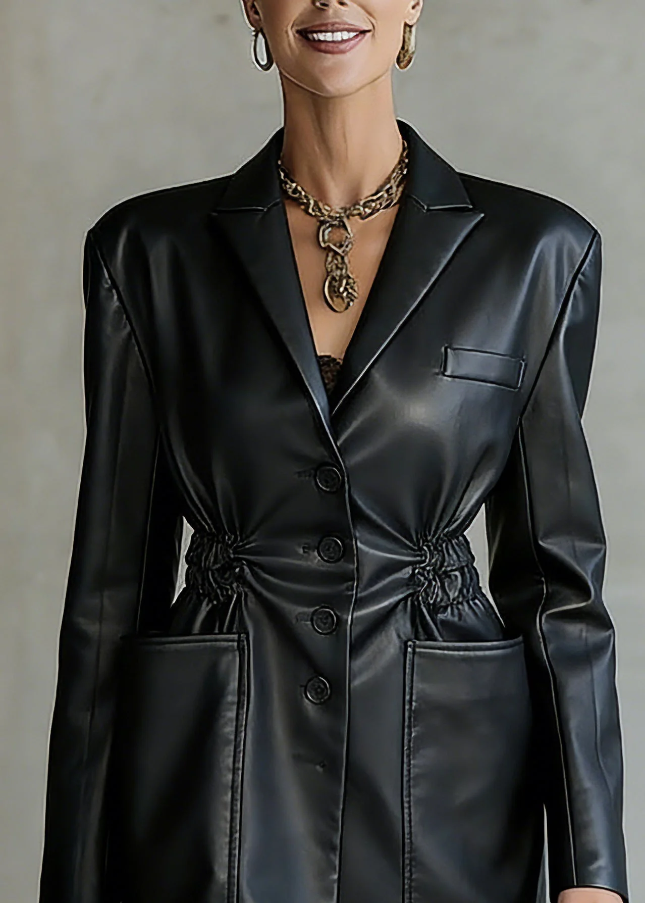 Women Black Notched Wrinkled Pockets Faux Leather Coats Spring - Image 2