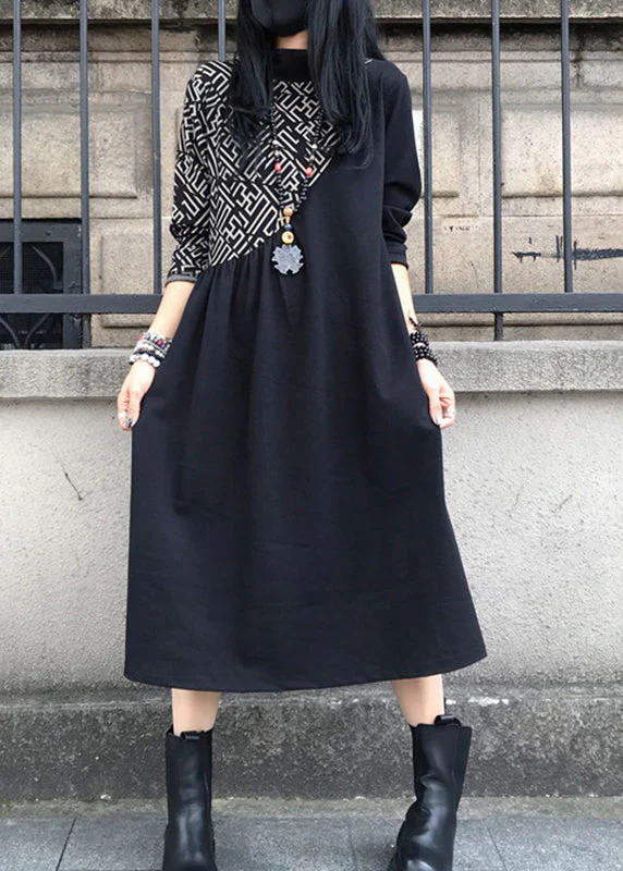 Women Black O-Neck Asymmetrical Patchwork Cotton Maxi Dress Long Sleeve - Image 2