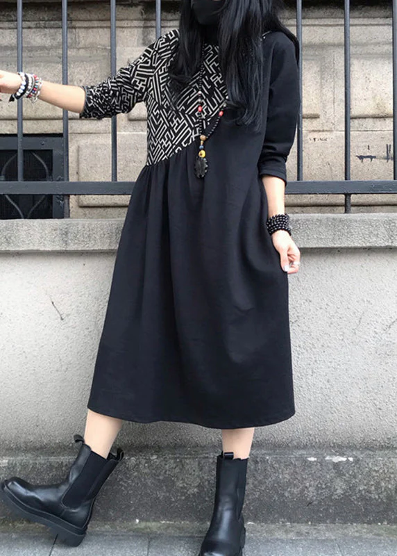 Women Black O-Neck Asymmetrical Patchwork Cotton Maxi Dress Long Sleeve - Image 3