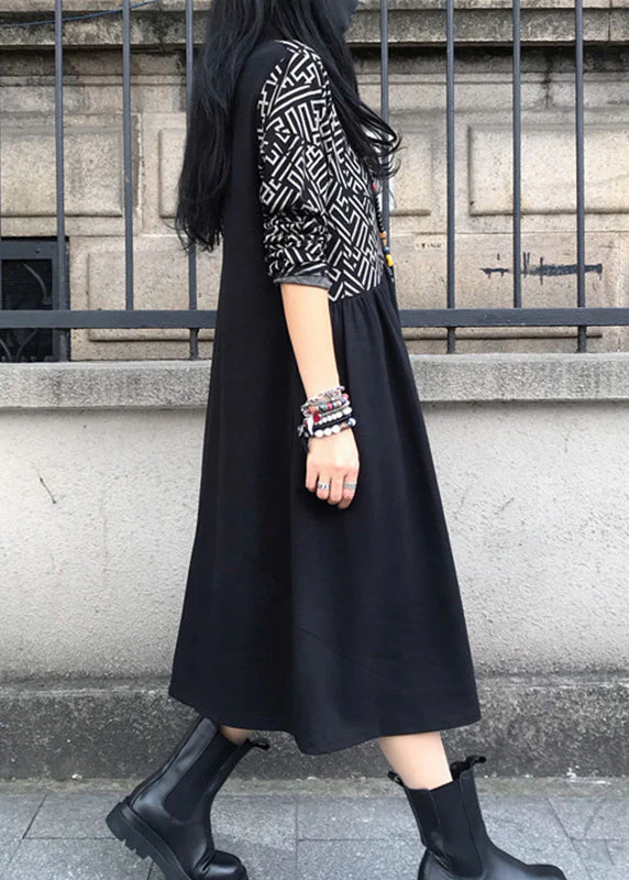 Women Black O-Neck Asymmetrical Patchwork Cotton Maxi Dress Long Sleeve - Image 4