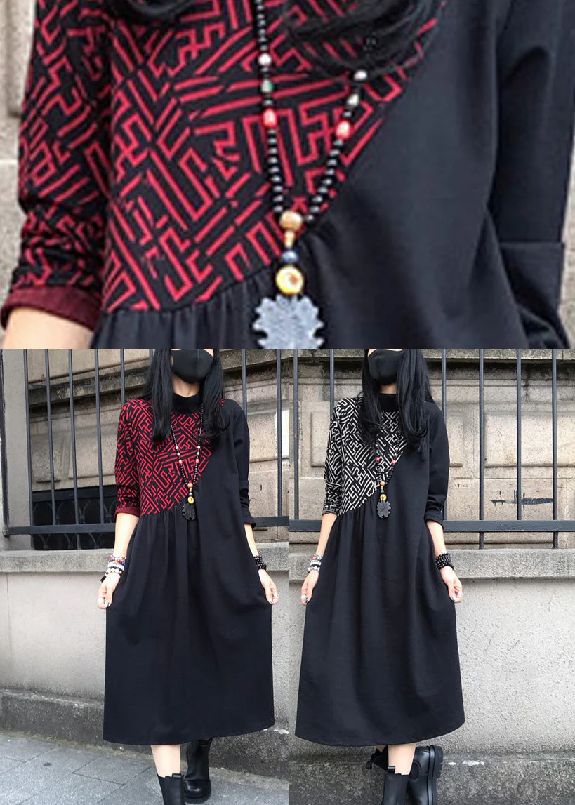 Women Black O-Neck Asymmetrical Patchwork Cotton Maxi Dress Long Sleeve - Image 5
