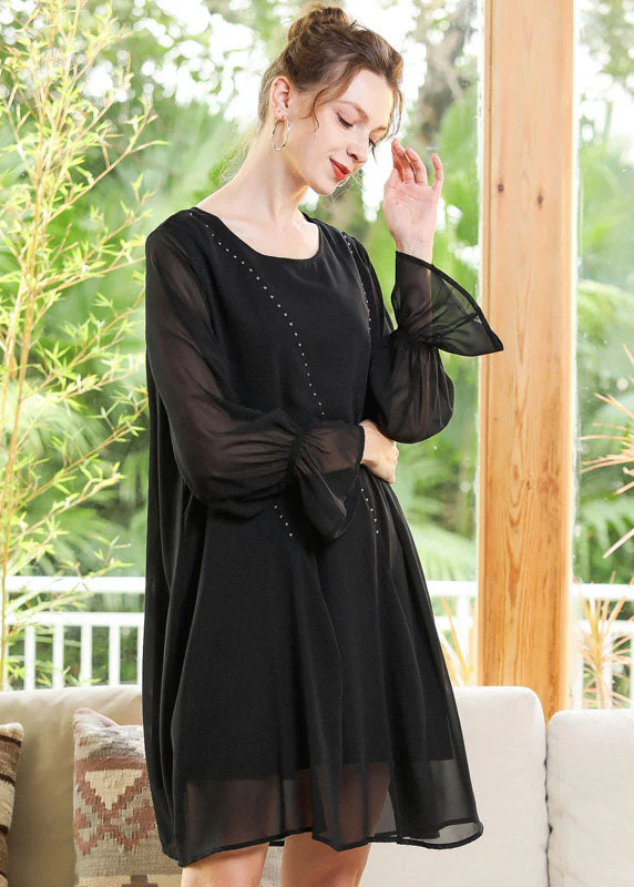 Women Black O-Neck Chiffon A Line Dress Lantern Sleeve - Image 3