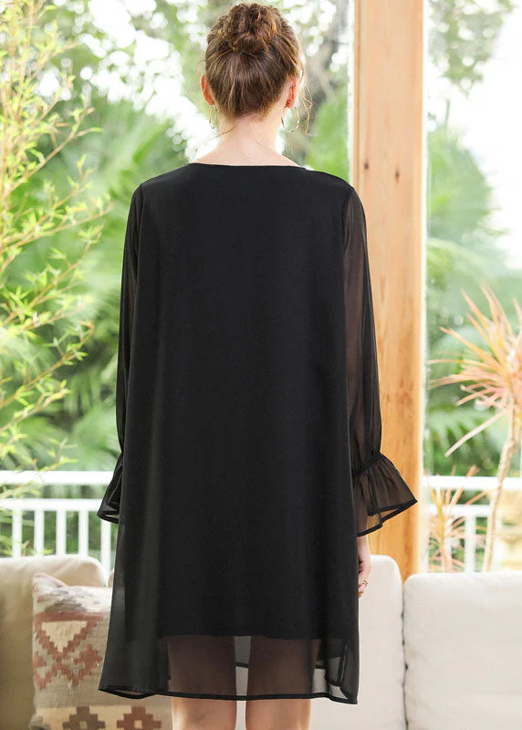 Women Black O-Neck Chiffon A Line Dress Lantern Sleeve - Image 4