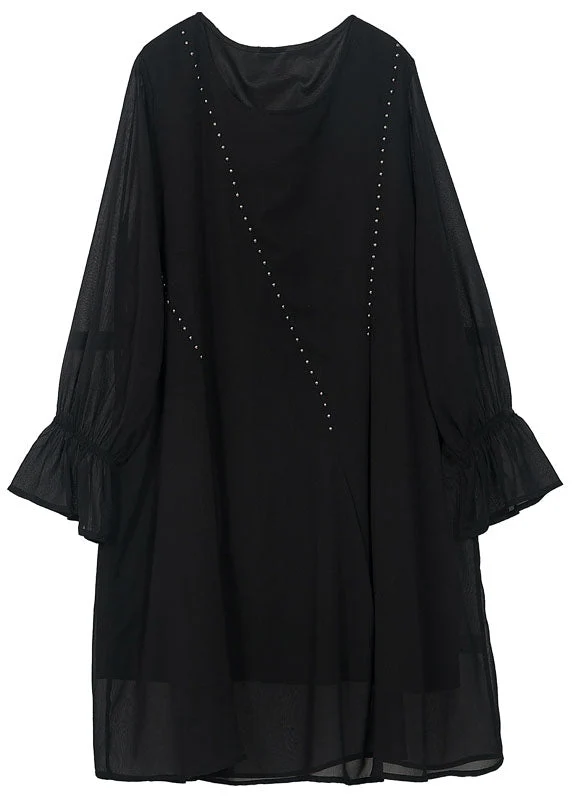 Women Black O-Neck Chiffon A Line Dress Lantern Sleeve - Image 5
