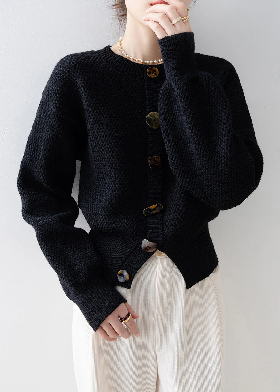 Women Black O-Neck Cozy Knit Cardigan Winter - Image 2