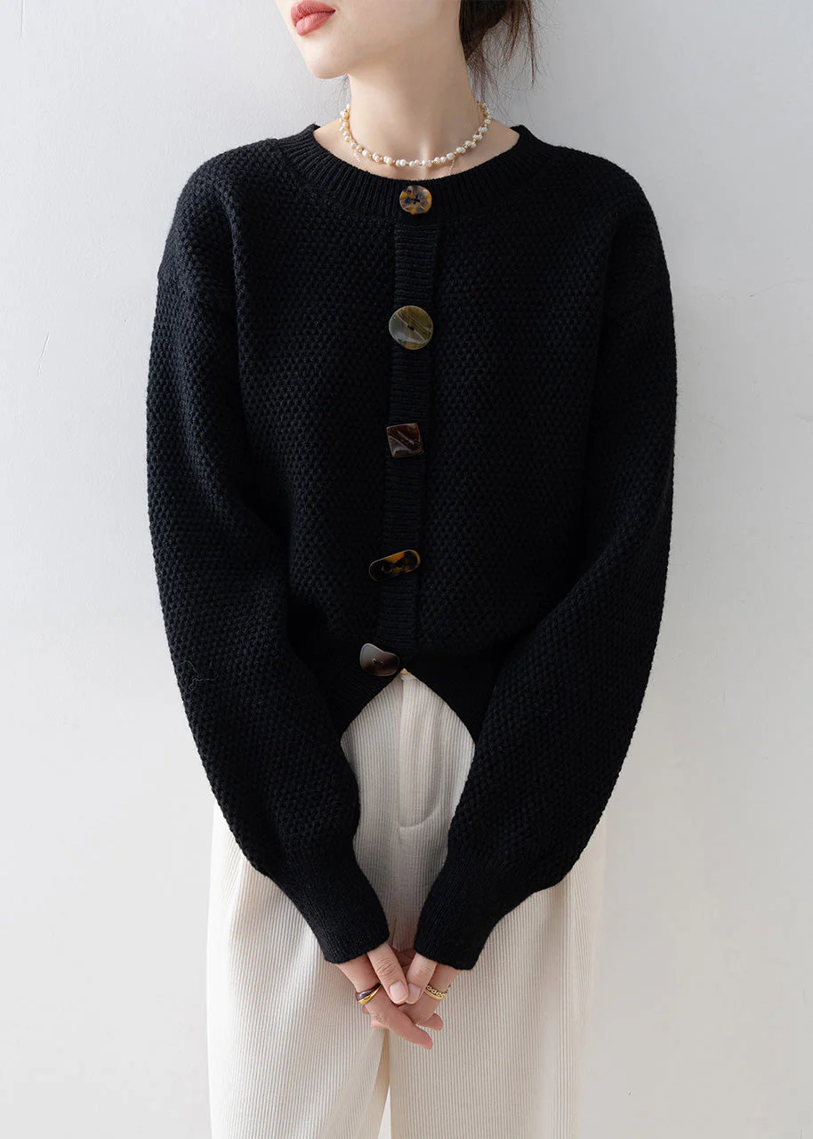 Women Black O-Neck Cozy Knit Cardigan Winter - Image 3
