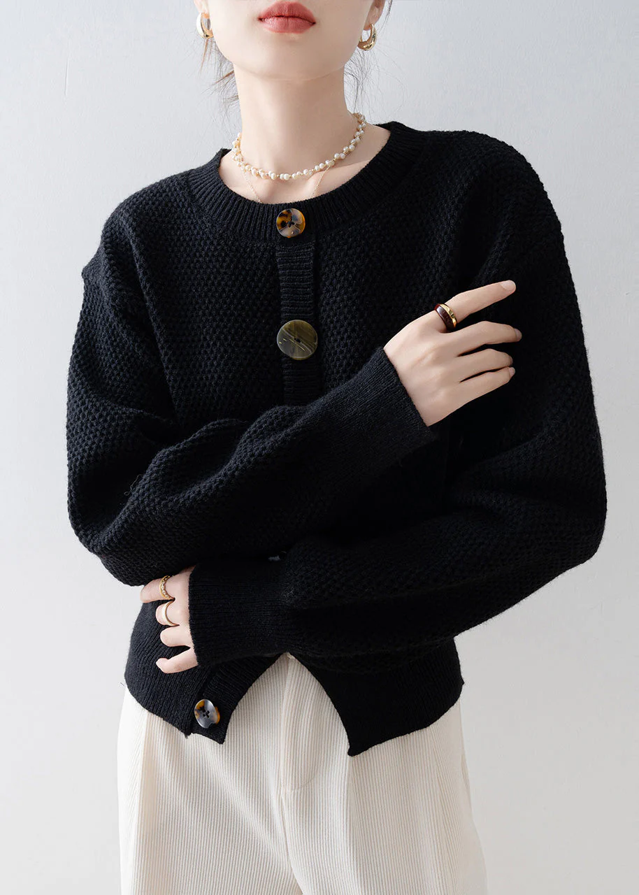 Women Black O-Neck Cozy Knit Cardigan Winter - Image 4