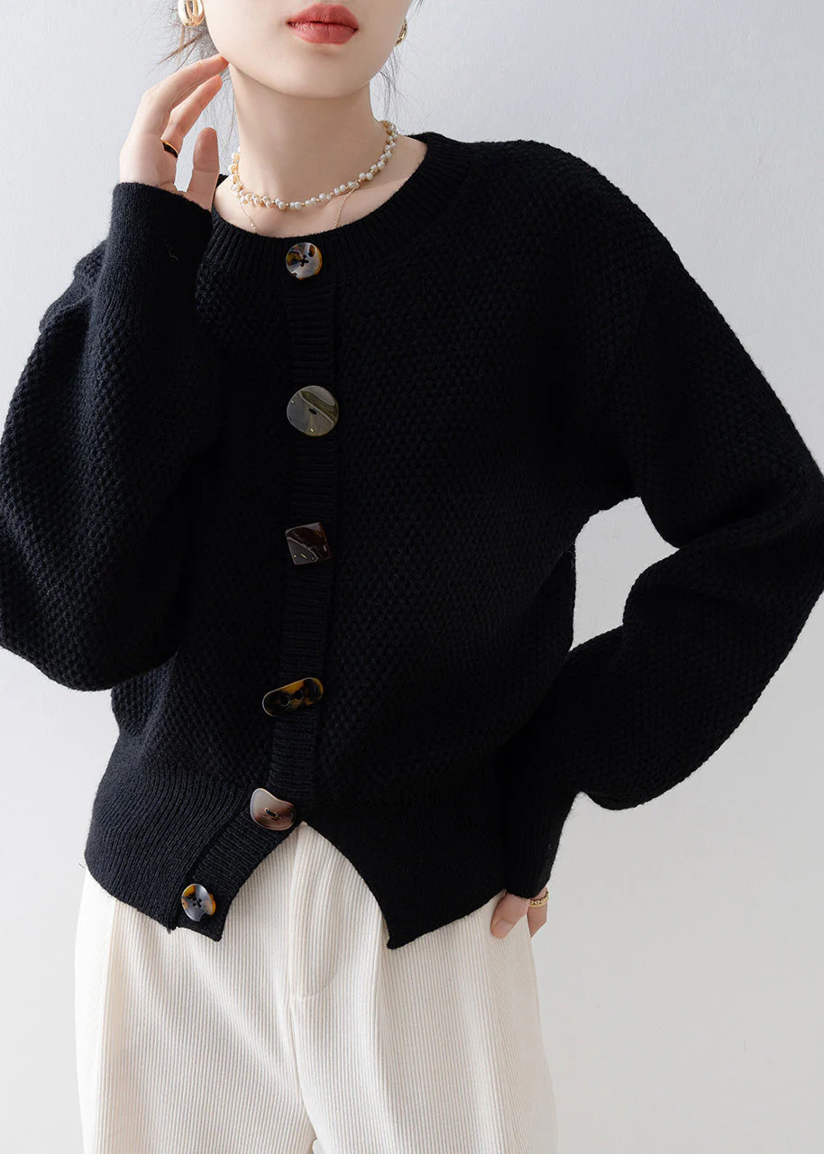 Women Black O-Neck Cozy Knit Cardigan Winter - Image 5