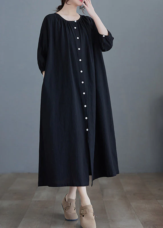 Women Black O-Neck Long Dress Half Sleeve - Image 3