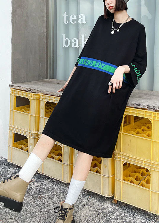 Women Black O-Neck Patchwork Casual Fall Holiday Dress Three Quarter sleeve - Image 3