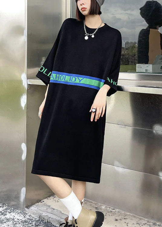 Women Black O-Neck Patchwork Casual Fall Holiday Dress Three Quarter sleeve - Image 5