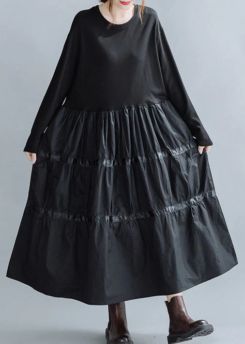 Women Black O-Neck Patchwork Cotton Dress Spring - Image 2
